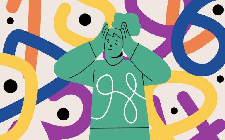 A 12-Minute Meditation for Sitting With Uncomfortable Feelings--Illustration of a person expressing stress with colorful abstract lines in the background.