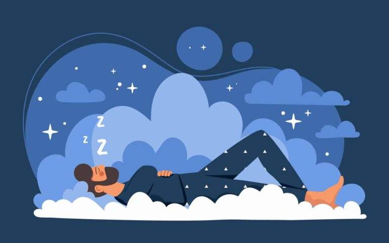 Peaceful sleep concept. Man lies on clouds, metaphor for comfortable bed. Comfort and cosiness in apartment. Rest and recuperation. Fantasy and imagination, dreams.