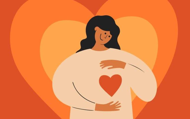 Smiling woman holding big red heart shape in hands. Healthy happy girl. Self love, body care, mental health isolated vector illustration. Female kind, compassion, empathy. Charity help, donate concept